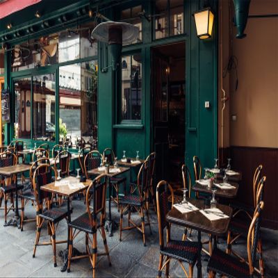 CORFOTO 5x3ft Fabric Paris Street Backdrop Vintage France Style Cafe Shop with Chair Table Paris Cityscape Background French Theme Party Decorations Photo Booth Studios Prop