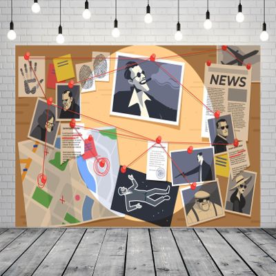 BELECO 5x4ft Fabric Cartoon Spy Backdrop Agent Detective Crime Board Suspects Photos Clue Evidence Top Secret Mission Background Murder Mystery Party Spy Party Decorations Birthday Shoot Photo Props