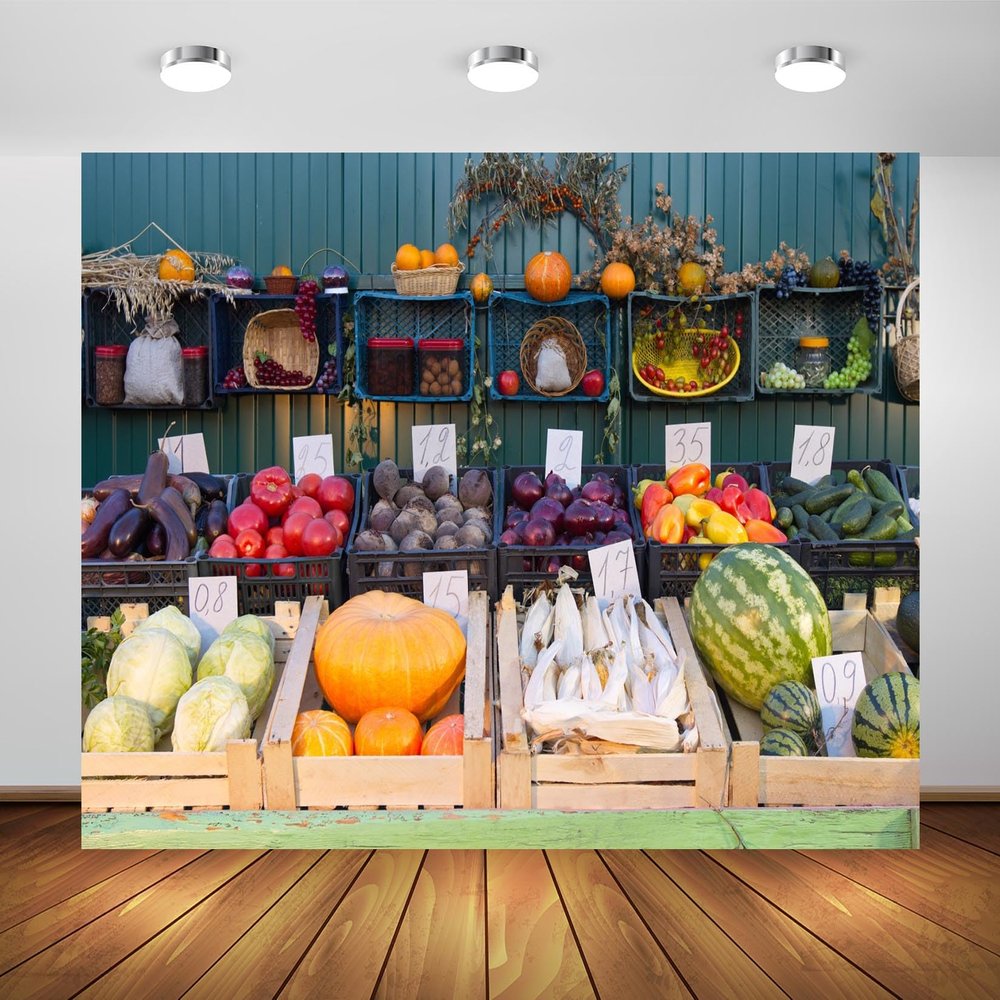 BELECO 12x8ft Fabric Vegetables and Fruits Backdrop Farm Market Harvest Exhibition Background for Themed Party Decorations Thanksgiving Photo Shoot Studio Props