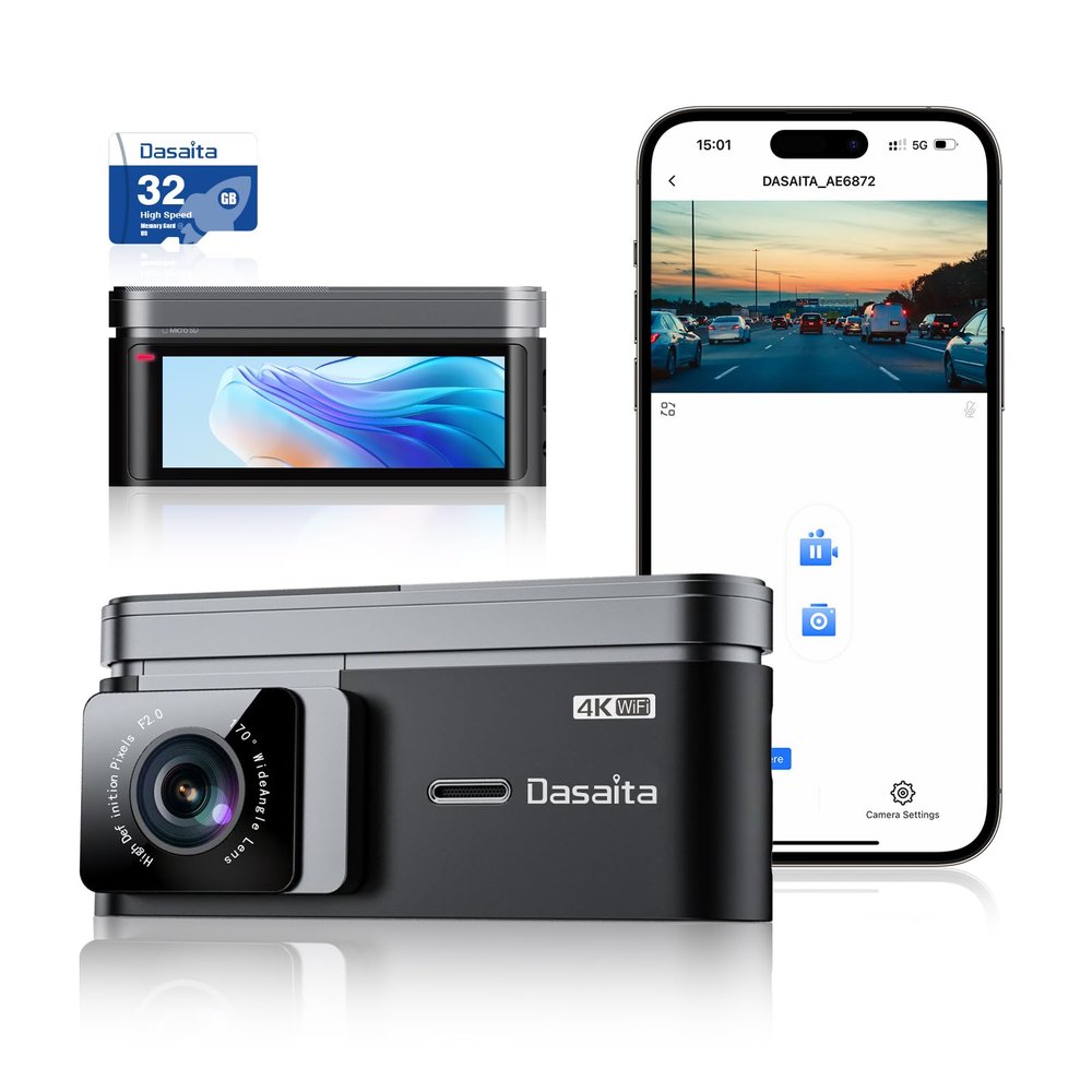 Dasaita 4K Front Dash Cam, 2160P Car Camera, 3.2" IPS HD Display, 170 Wide Angle, WiFi, WDR, G-Sensor, Loop Recording, Car Charger Power Cable, Night Vision-DAS-U3