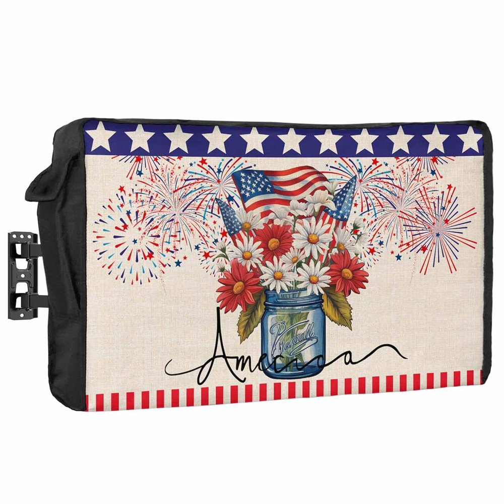 4th of July Outdoor TV Cover 50 Inch American Flag Patriotic TV Enclosure Independence Day Memorial Flower Fireworks TV Covers for Outside TV Display Screen Protector with Remote Control Pocket