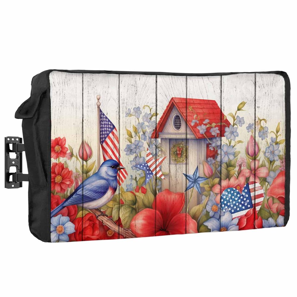 4th of July Outdoor TV Cover 85 Inch American Flag Patriotic TV Enclosure Independence Day Memorial Flower Wood Grain TV Covers for Outside TV Display Screen Protector with Remote Control Pocket