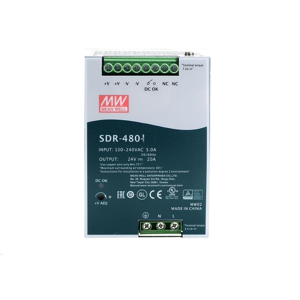 Mean Well SDR 480W 24V 20A Switching Power Supply AC-DC Single Output DIN Rail SDR-480P-24