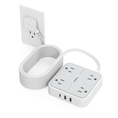 Surge Protector Long Extension Cord 25FT, TESSAN Flat Plug Power Strip with 4 Outlets 3 USB Ports (1 USB C), 900 Joules Protection, Multiple Wall Outlet Extender Suitable for Home Office Dorm, Grey