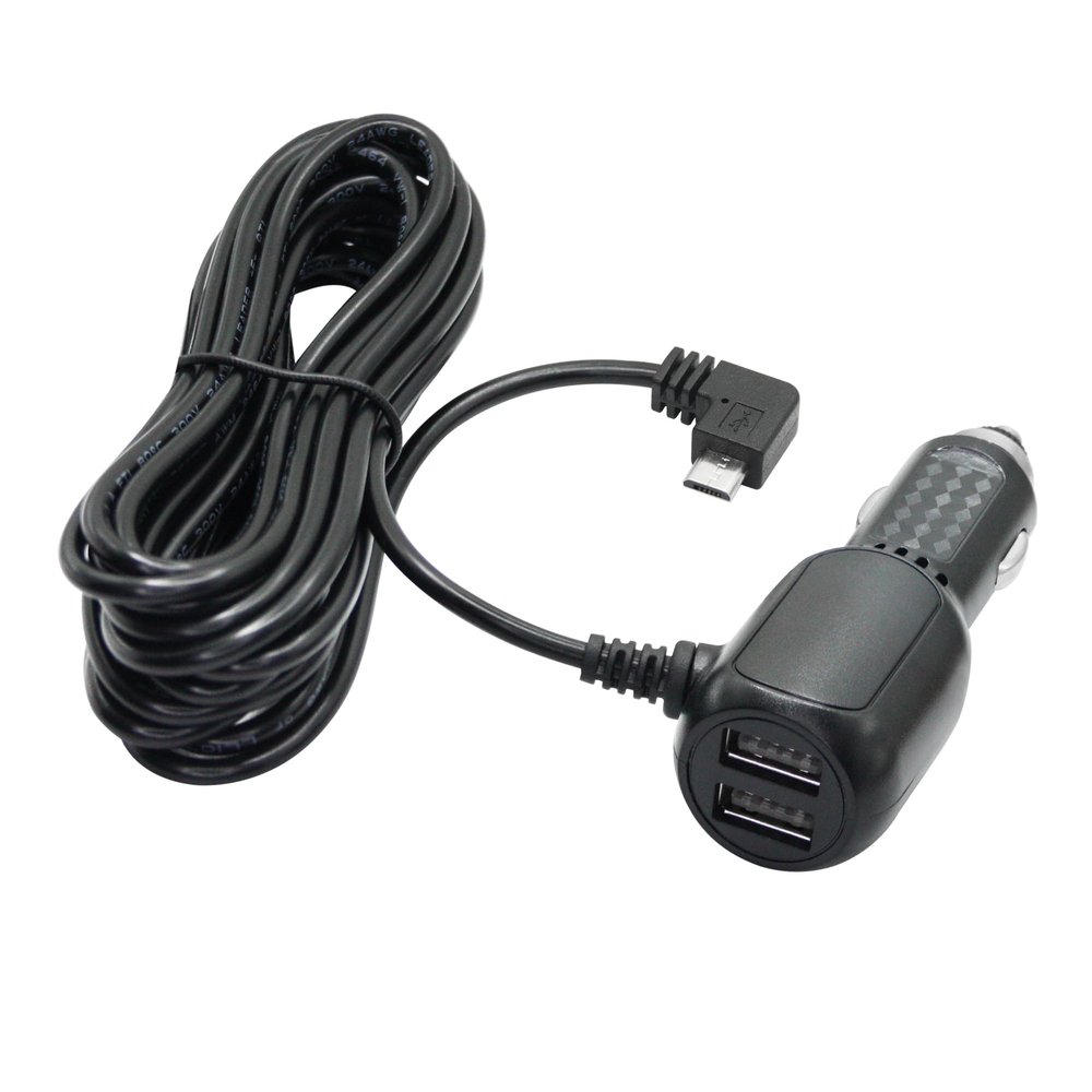 Dash Cam Micro USB Power Cable 11FT, Left Angle Micro USB Cable & Dual Supply Ports, for 12V or 24V Car and Truck Dash Cam GPS Navigator and Devices