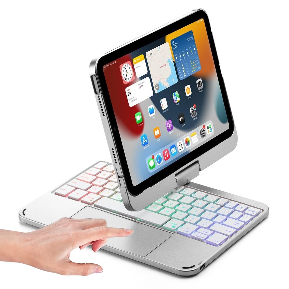 Keyboard case for iPad Mini 7 A17 Pro/Mini 6 Rotating,Touchpad Keyboard Case for iPad Mini 7th/6th Generation 8.3-inch with Trackpad Backlight Rotatable, Silver