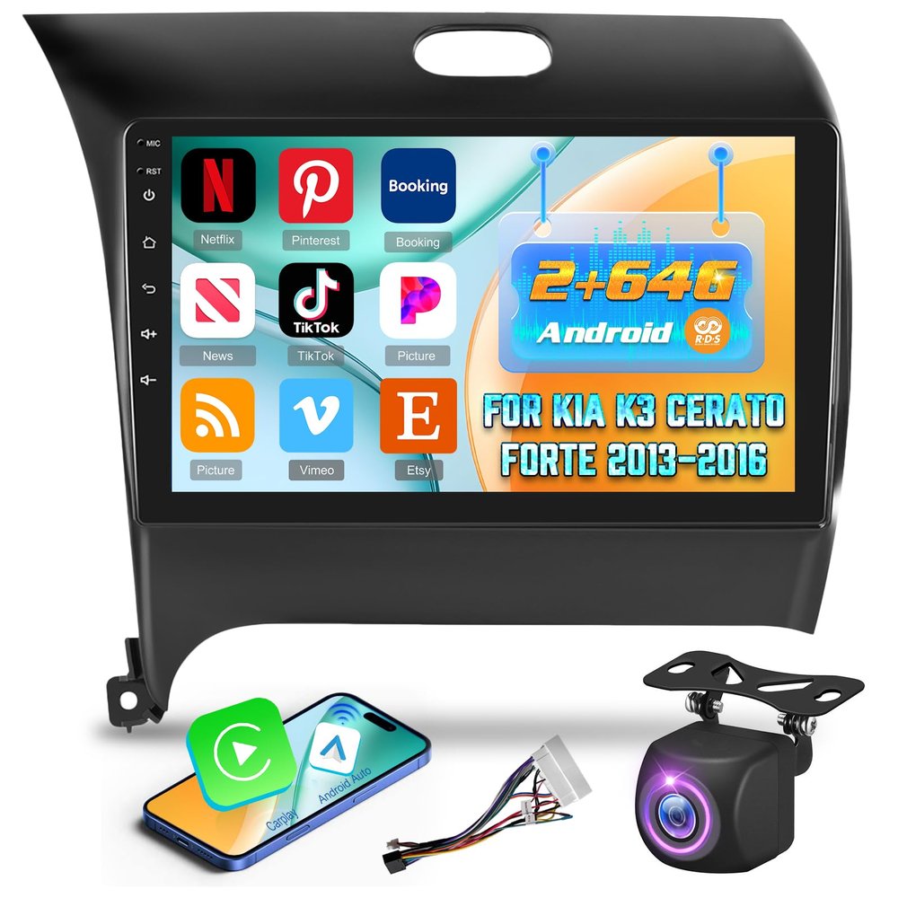 [2+64G] Android 13 Car Radio for Kia K3 Cerato Forte 2013-2016 - Wireless Carplay and Android Auto - 9 Inch Touchscreen Radio with EQ/WiFi/GPS + AHD Rear View Camera
