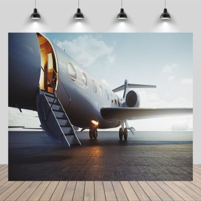 chnywork 7x5ft Business Jet Plane Backdrop Luxury Business Trip Jet Plane Parking on Airport Background for Travel Theme Party Decorations Photo Booth Studio Props Wallpaper