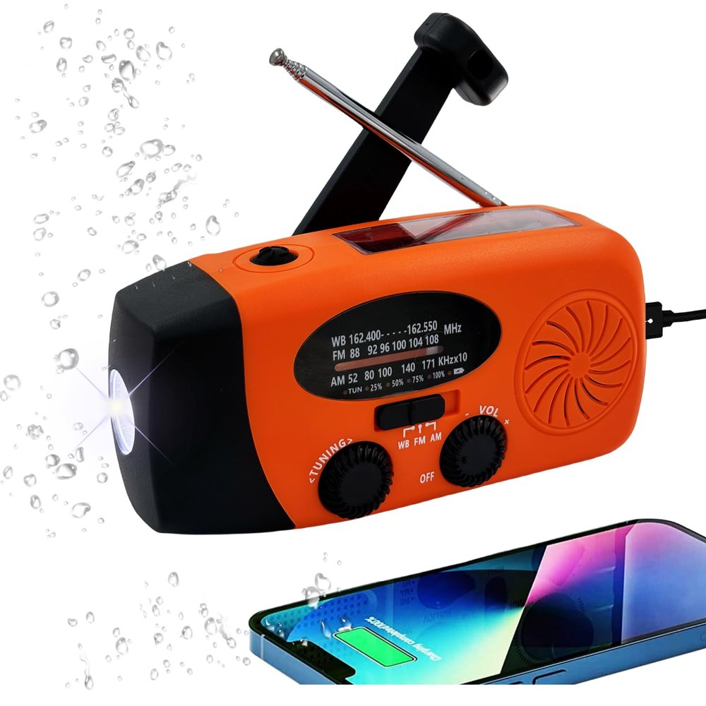 5000mAh Hand Crank Emergency Weather Radio, am fm noaa Solar Radio with Led Flashlight and Earphone Jack, Charger for Smartphone, USB-C Cable/Self Powered with SOS Alarm (Orange)