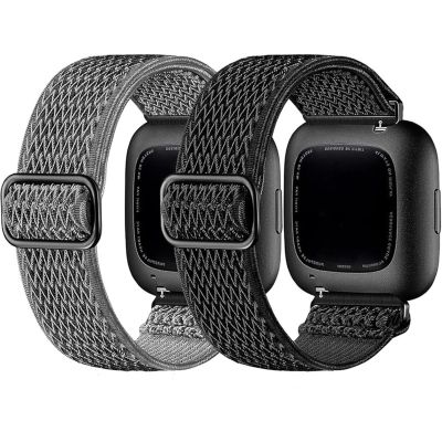 2 Pack Elastic Bands Compatible with Fitbit Versa 2 Band for Women Men, Soft Adjustable Nylon Breathable Replacement Band for Versa/Versa 2/Versa Lite/SE Smartwatch Loop Wristband (black/grey)