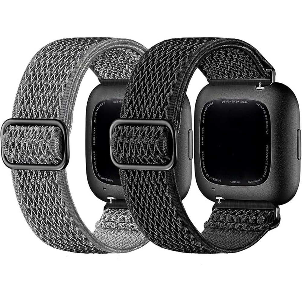 2 Pack Elastic Bands Compatible with Fitbit Versa 2 Band for Women Men, Soft Adjustable Nylon Breathable Replacement Band for Versa/Versa 2/Versa Lite/SE Smartwatch Loop Wristband (black/grey)