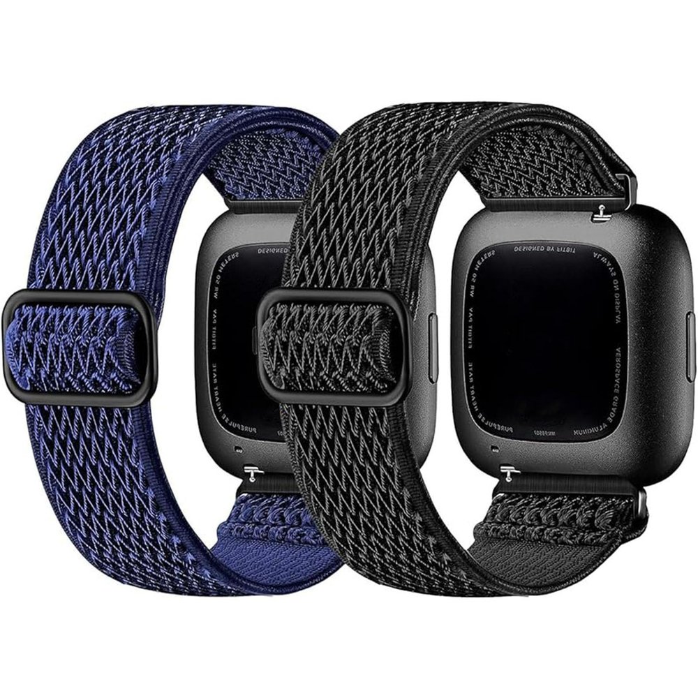 2 Pack Elastic Bands Compatible with Fitbit Versa 2 Band for Women Men, Soft Adjustable Nylon Breathable Replacement Band for Versa/Versa 2/Versa Lite/SE Smartwatch Loop Wristband (black+navy)