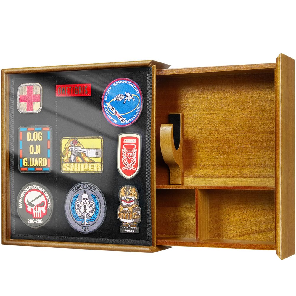 OneTigris Hidden Gun Storage, Concealment Furniture Hidden Gun Safe Concealment Shelf Wall Safe Wooden Photo Frame, Wall Mounted Hidden Compartment Furniture with Patches Display Panel