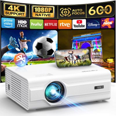 Projector, [Auto Focus/6D Keystone] Projector with WiFi 6 and Bluetooth 5.2, 600 ANSI Native 1080P 4K4P Supported 300'' Screen, Movie Projector Compatible with PowerPoint/HDMI/USB/TV Stick (White)