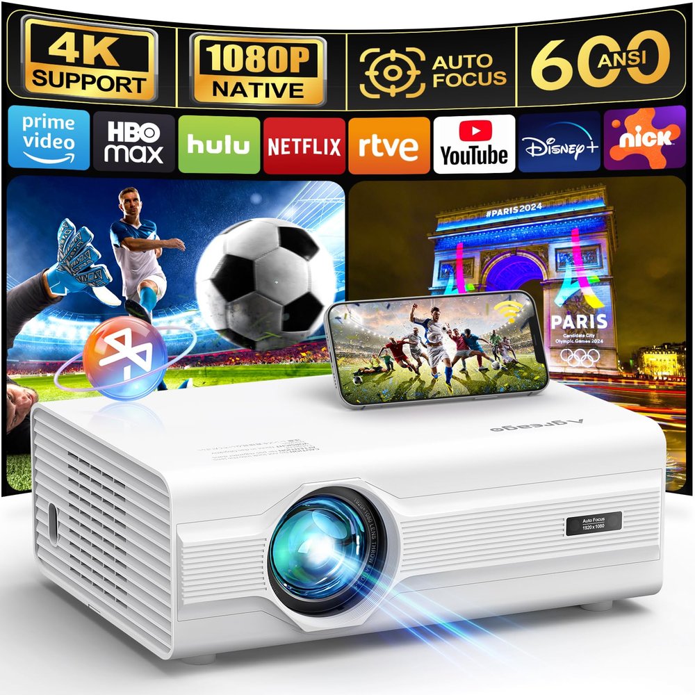 Projector, [Auto Focus/6D Keystone] Projector with WiFi 6 and Bluetooth 5.2, 600 ANSI Native 1080P 4K4P Supported 300'' Screen, Movie Projector Compatible with PowerPoint/HDMI/USB/TV Stick (White)