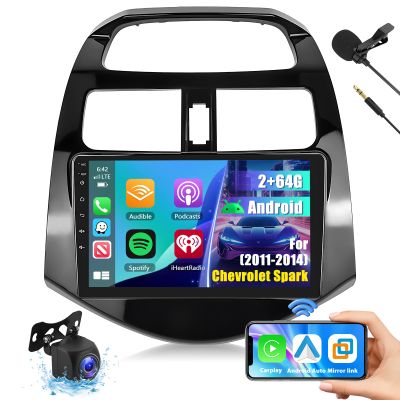 4GWiFi 2+64G Wireless Apple Carplay Android Auto Car Stereo for Chevrolet Chevy Spark 2011-2014,9 Touchscreen Car Radio Receiver with Bluetooth/GPS/Mirror Link/SWC/EQ/DSP+MIC+AHD Backup Camera