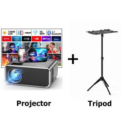 FUDONI Projector with WiFi and Bluetooth and Projector Tripod Stand, 5G Portable Projectors 4K Supported Native 1080P 12000L, Outdoor Mini LED Movie Projector for Home Theater