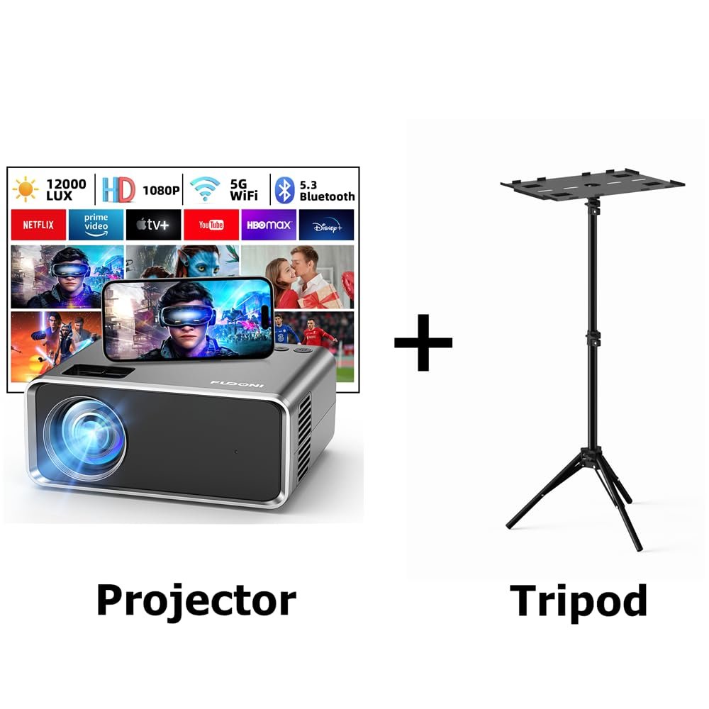 FUDONI Projector with WiFi and Bluetooth and Projector Tripod Stand, 5G Portable Projectors 4K Supported Native 1080P 12000L, Outdoor Mini LED Movie Projector for Home Theater