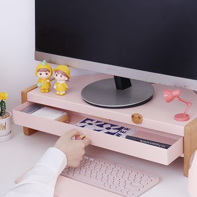TREGOO Corner Monitor Stand Pink Steel Corner Screen Stand for Monitor, Women Girls Office Computer Organization Riser with Drawer, Printer Keyboards Organizer Rack (Color : Wood), 78634