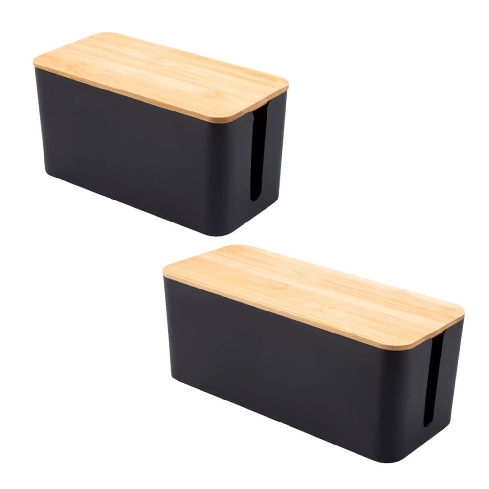 Homoyoyo 2pcs Cable Management Box Wood Grain Design Wire Organizer for Desk Multi-Socket Storage for Cables Power Strips and Adapters Small Medium Black