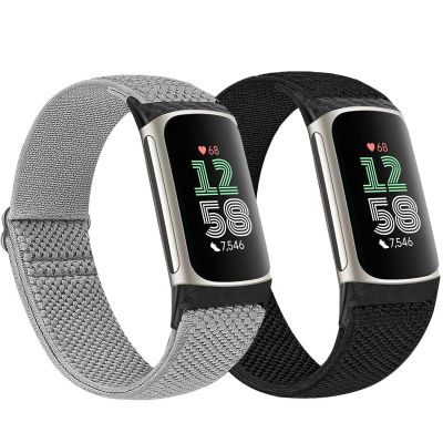 2 Pack Elastic Nylon Bands Compatible with Fitbit Charge 6 / Fitbit Charge 5, Classic Soft Breathable Adjustable Sport Smartwatch Replacement Wristband for Women Men (Black+Grey)