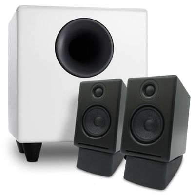 Audioengine A2 Black Desktop Speakers with S8 White Subwoofer and DS1 Stands