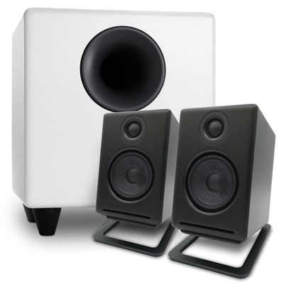 Audioengine A2 Black Computer Speakers with S8 White Subwoofer and DS1M Metal Stands