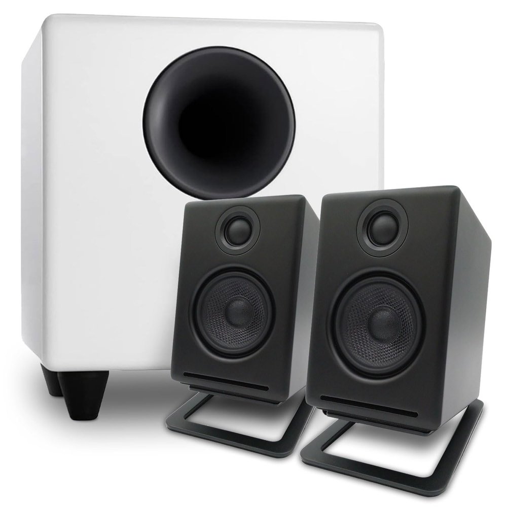 Audioengine A2 Black Computer Speakers with S8 White Subwoofer and DS1M Metal Stands