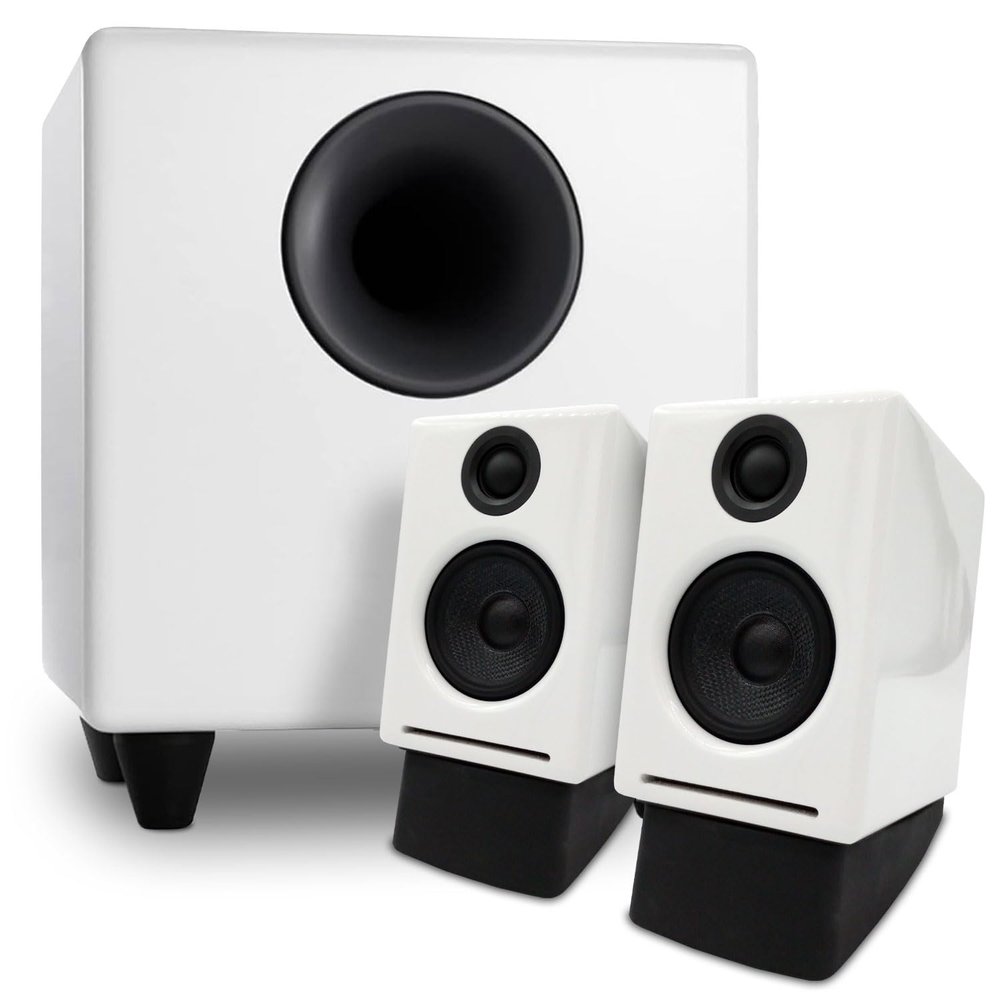 Audioengine A2 White Computer Speakers with S8 White Subwoofer and DS1 Stands