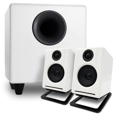 Audioengine A2 White Computer Speakers with S8 White Subwoofer and DS1M Metal Stands
