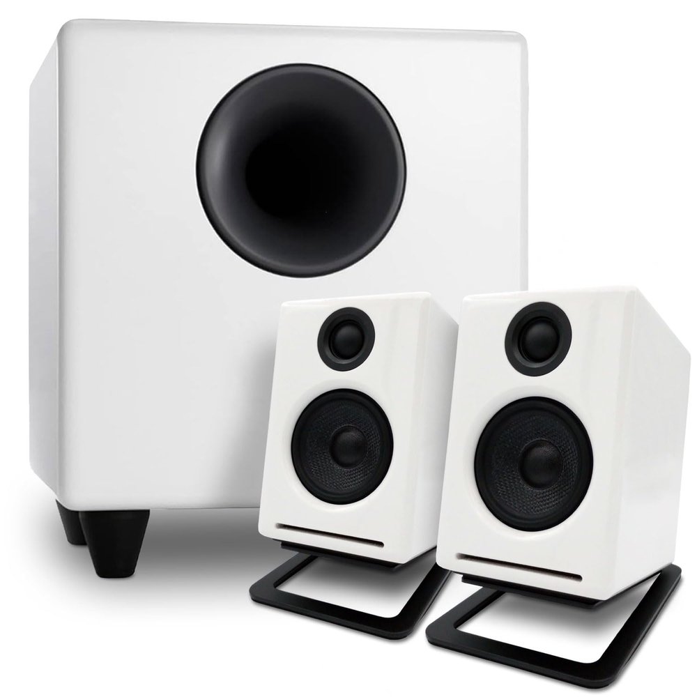 Audioengine A2 White Computer Speakers with S8 White Subwoofer and DS1M Metal Stands
