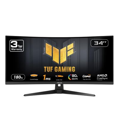 ASUS TUF Gaming 34 Ultra-Wide Curved Monitor (VG34VQ3B)  21:9 QHD (3440x1440), 180Hz, 1ms, Extreme Low Motion Blur Sync, FreeSync Premium, Speaker, 90% DCI-P3, DisplayWidget Center, 3 yr Warranty