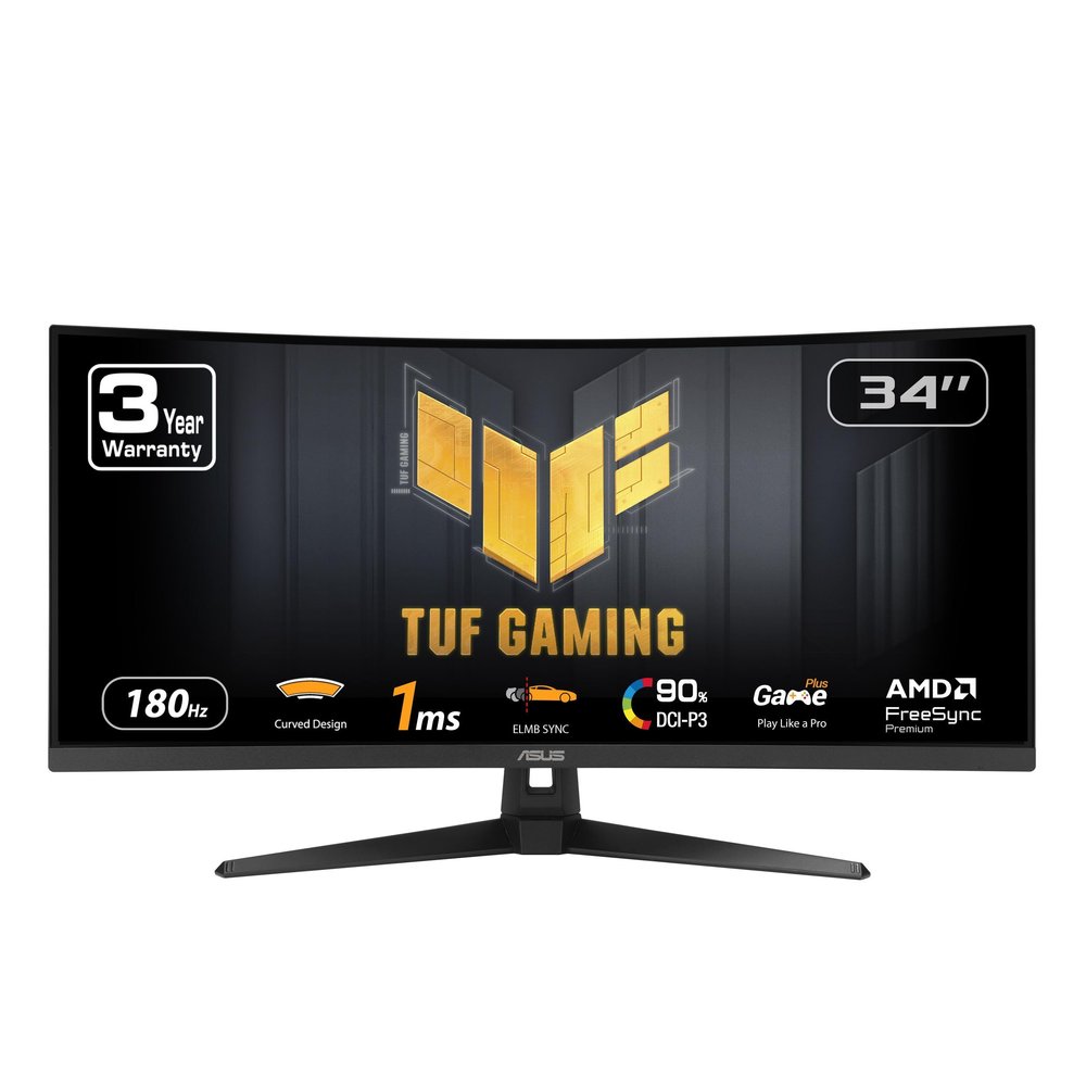 ASUS TUF Gaming 34 Ultra-Wide Curved Monitor (VG34VQ3B)  21:9 QHD (3440x1440), 180Hz, 1ms, Extreme Low Motion Blur Sync, FreeSync Premium, Speaker, 90% DCI-P3, DisplayWidget Center, 3 yr Warranty