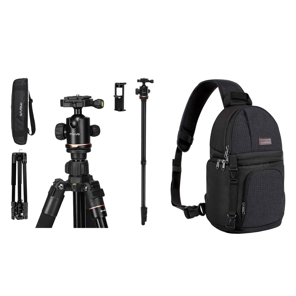 MOSISO 64.5 inch Tripod for Camera, 360 Degree Ball Head Camera Stand with Bag&Phone Mount&Camera Sling Bag Shockproof Photography Camera Backpack with Tripod Holder & Removable Modular Inserts, Black