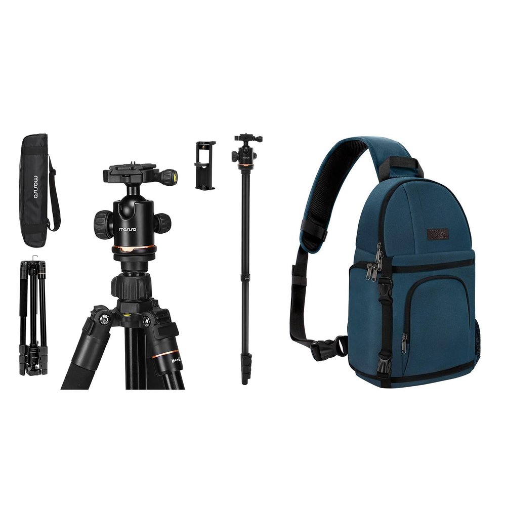 MOSISO 64.5 inch Tripod for Camera, 360 Degree Ball Head Camera Stand with Bag&Phone Mount&Camera Sling Bag Shockproof Camera Backpack with Tripod Holder&Removable Modular Inserts, Black&Deep Teal