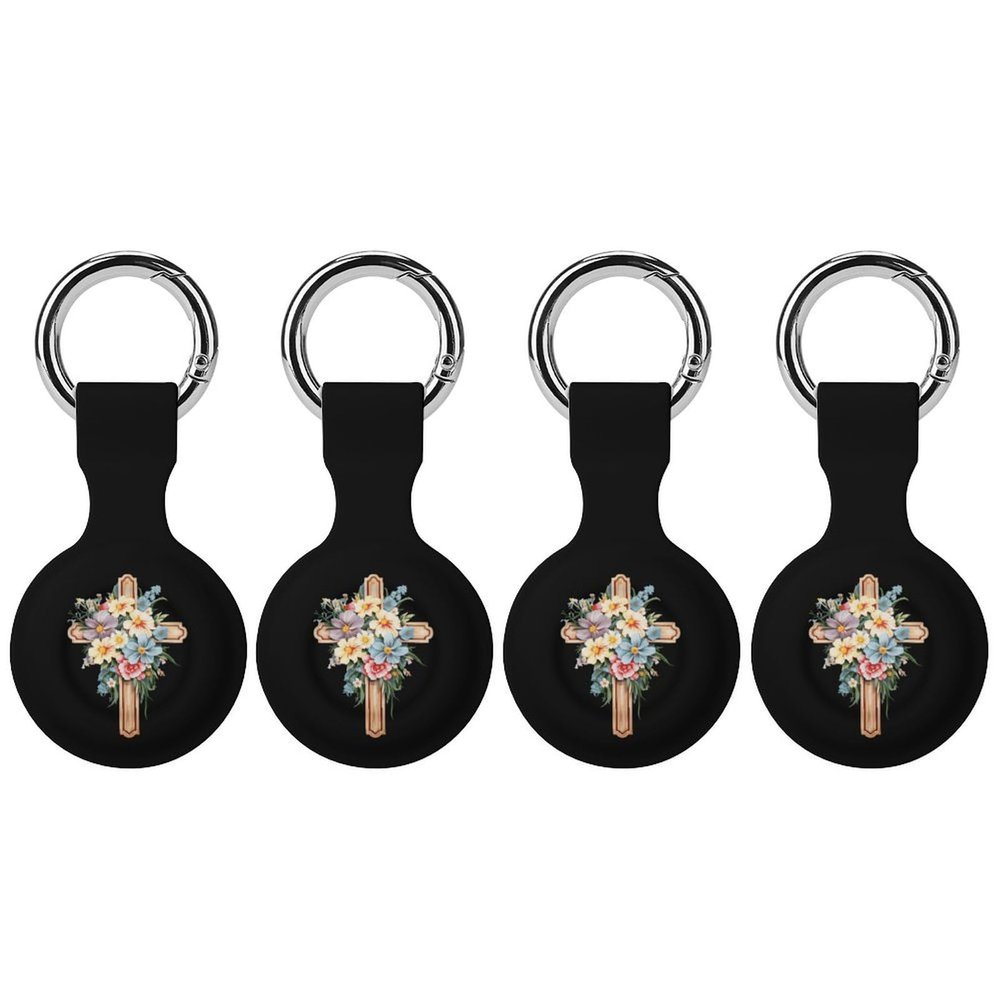 Christian Cross with Flowers Silicone Protective Case Tracker Shockproof Cover Tracker Holder Protector Compatible for Airtag 4PCS