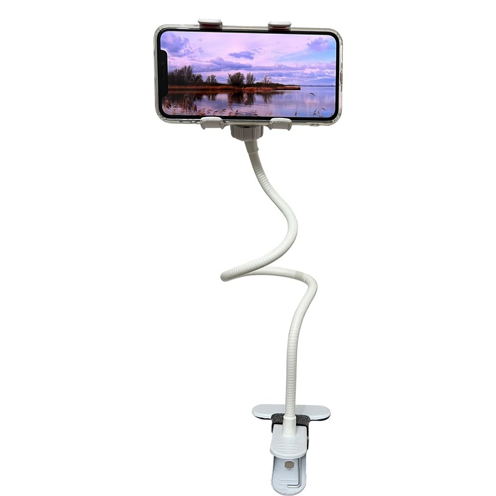 Lakibebie Lazy Bracket Universal 360 Degree Rotation Flexible Long Arms Gooseneck Cell Phone Holder, Adjustable Clamp Clip Desktop Bed Mobile Phone Stand for Bedroom, Office, Kitchen (White)