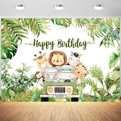 12x8ft Safari Happy Birthday Backdrop Cartoon Animals Tropical Palm Leaves Photography Background Kids Birthday Party Cake Table Banner Decoration Supplies Photo Booth Props