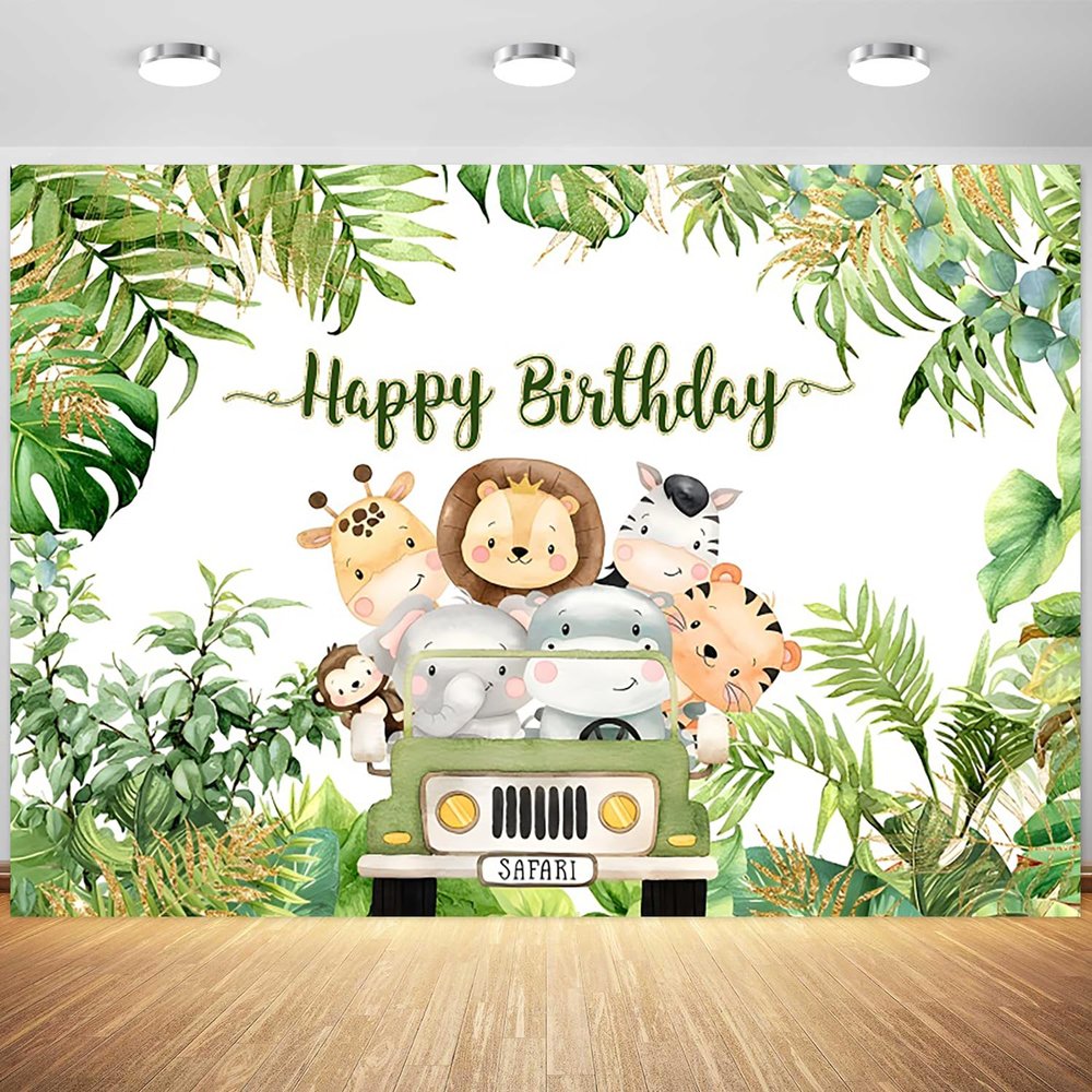 12x8ft Safari Happy Birthday Backdrop Cartoon Animals Tropical Palm Leaves Photography Background Kids Birthday Party Cake Table Banner Decoration Supplies Photo Booth Props