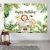 12x8ft Safari Happy Birthday Backdrop Cartoon Animals Tropical Palm Leaves Photography Background Kids Birthday Party Cake Table Banner Decoration Supplies Photo Booth Props view 4
