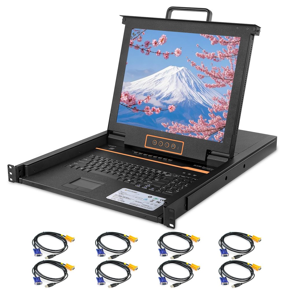 1U Rack Mount KVM Console - 17" Rackmount Monitor Keyboard and 8 Port VGA KVM Switch, OSD Hotkey Button Switching, 1280X1024 60Hz, 50,000 MTBF, for Windows,Linux,Mac,Sun, 8 USB VGA KVM Cables Included