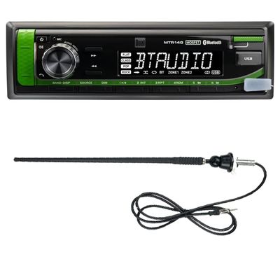 Dual Electronics Caterpillar Tractor Radio | Weatherproof | Built-in Bluetooth | Plug N Play Wiring Harness with Headphone Jack | with Black Long Range Antenna