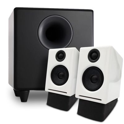 Audioengine A2 White Computer Speakers with S8 Black Subwoofer and DS1 Stands