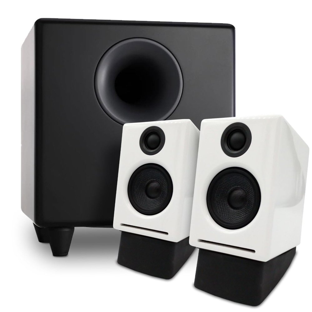 Audioengine A2 White Computer Speakers with S8 Black Subwoofer and DS1 Stands