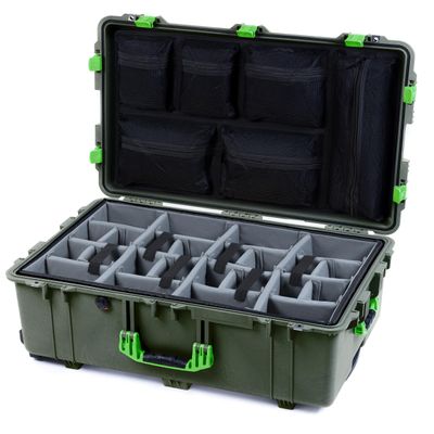 ColorCase Pelican 1650 Case OD Green - Large Sized Waterproof Rolling Case with Grey Padded Dividers & Mesh Lid Organizer - Lime Green Handles & Latches