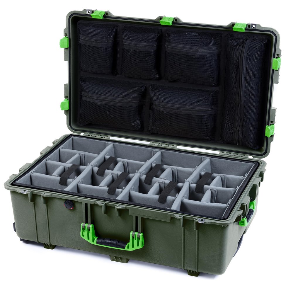 ColorCase Pelican 1650 Case OD Green - Large Sized Waterproof Rolling Case with Grey Padded Dividers & Mesh Lid Organizer - Lime Green Handles & Latches
