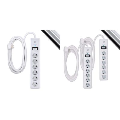 GE 6-Outlet Surge Protector, 20 Ft Extension Cord, Power Strip, 800 Joules, Flat Plug & 6-Outlet Surge Protector, 2 Pack, 10 Ft Extension Cord, Power Strip, 800 Joules, Flat Plug, Twist-to-Close