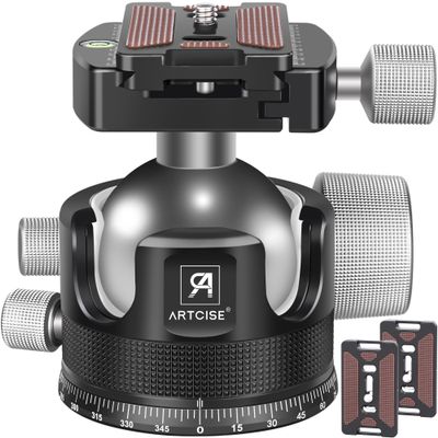 55mm Low Profile Ball Head Tripod Ball Head ARTCISE KB55 Heavy Duty Tripod Head All Metal CNC Machining with Three 1/4" Quick Release Plates for Tripod, Monopod, DSLR, Camcorder, Max Load 88lbs /40kg