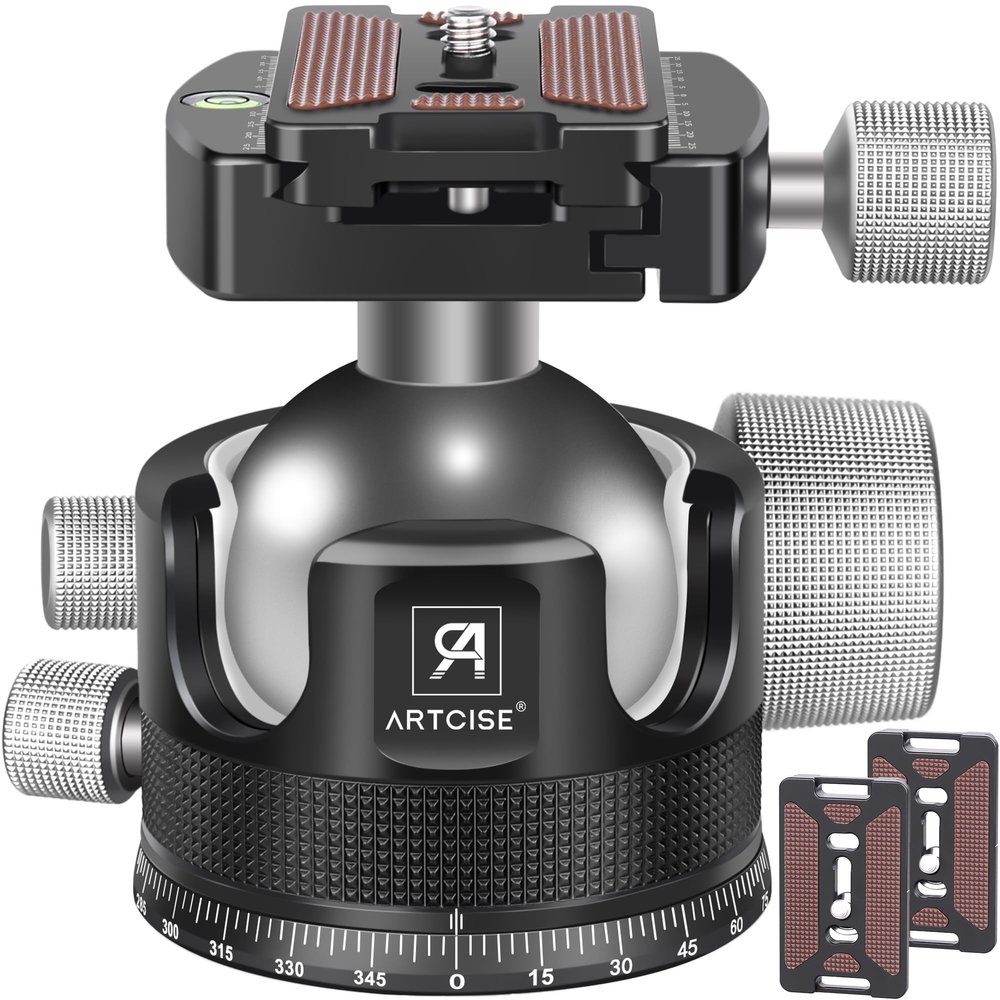 55mm Low Profile Ball Head Tripod Ball Head ARTCISE KB55 Heavy Duty Tripod Head All Metal CNC Machining with Three 1/4" Quick Release Plates for Tripod, Monopod, DSLR, Camcorder, Max Load 88lbs /40kg