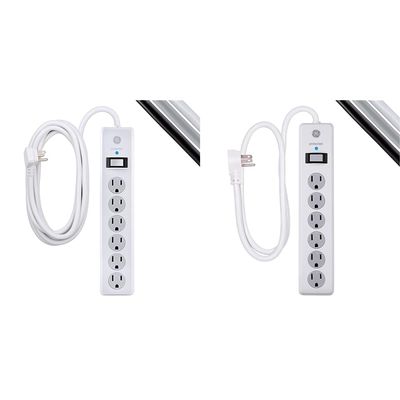 GE 6-Outlet Surge Protector, 20 Ft Extension Cord, Power Strip, 800 Joules, Flat Plug & 6-Outlet Surge Protector, 4 Ft Extension Cord, Power Strip, 800 Joules, Flat Plug, Twist-to-Close Safety